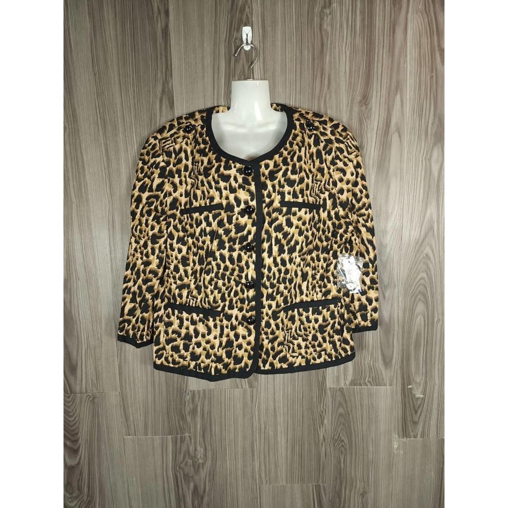 Leopard Print Knit Cardigan Jacket Black Trim Button Front XL Animal Print